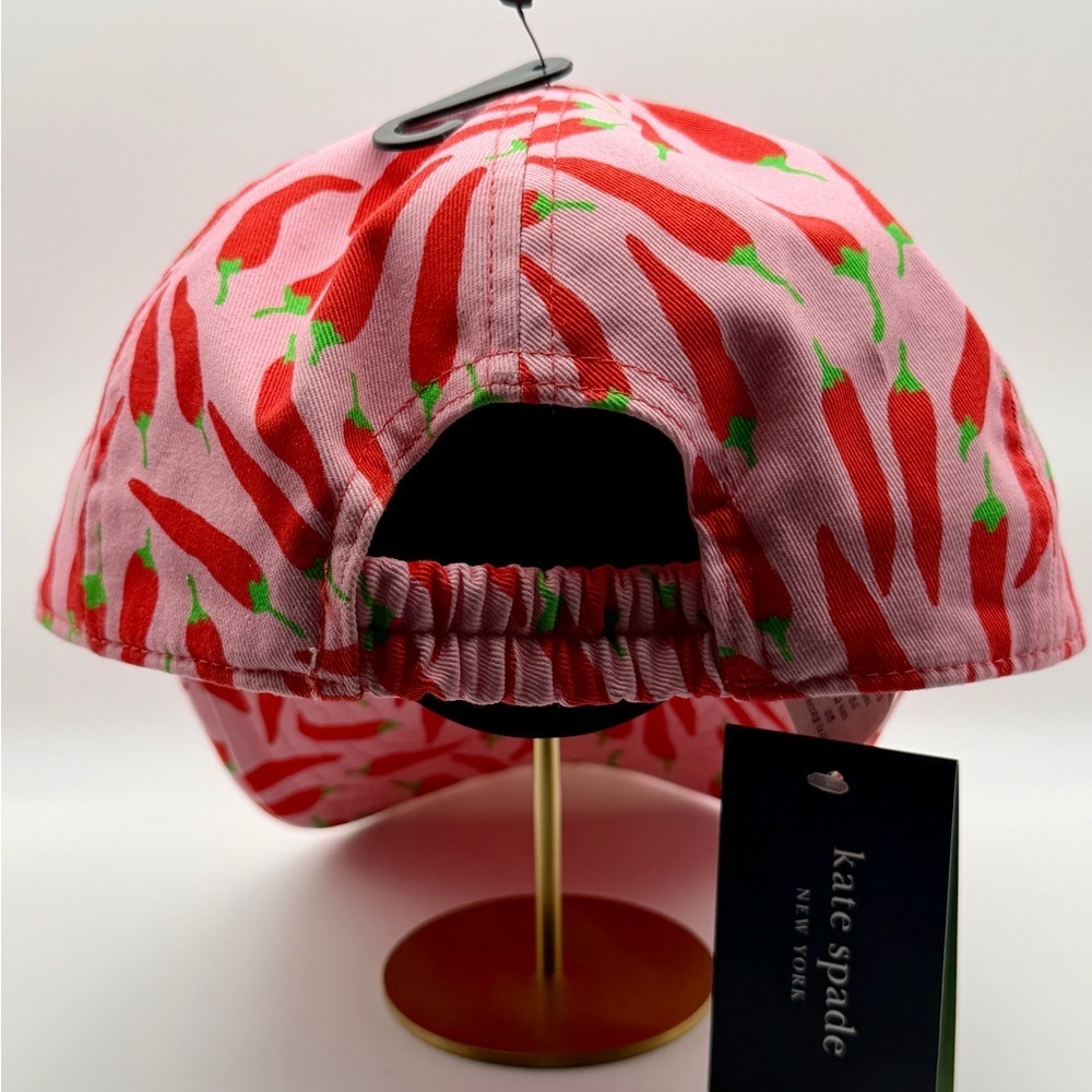 NWT Kate Spade NY Chili Pepper Print Pink Cotton Baseball Cap Designer Hat Chic - Picture 3 of 8